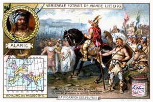Alaric 1er, vestgoternes konge, presenterer seg for tredje gang før Roma i 410 og krever overgivelse av byen - Liébig reklamevignett av French School