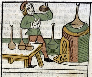 Alkymist - i "The Owners of Things Both Corporeal and Spiritual" (bok XVIII) av Glanville, Lyon av French School