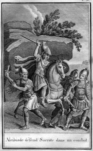 Alkibiades (450-404 f.Kr.), athensk statsmann og strategi forsvarer Sokrates i en kamp. I "" Skjønnheter fra gammel historie eller minneverdige fakta og ordtak fra store menn"" av French School