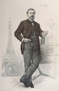 Alexandre Gustave Eiffel poserer ved skrivebordet sitt med en tegning av Tour Eiffel, illustrasjon fra La Revue Illustree, 1888 av French School