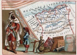 Algerie i Afrika og provinsen Oran, Frankrike. Serie om de franske avdelingene. Import av fiken, bomull, tobakk, agathe og bly. Chromolithography (Chromo) "" den geografiske tråden"", ca 1920. Privat samling. av French School