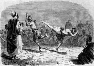 Algerian custom: Arabic dance. Drawing by Mr. Rigo, based on a sketch by Mr. Ameler, battalion leader. Engraving in “” Le Monde Illustré”” n°86 of 11 December 1858. av French School