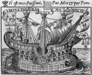 Allegori om fransk makt: "Statens skip", symbol på Frankrike, minner også om våpnene til byen Paris. Utdrag fra «Livre des monnoyes etrangeres ou le grand banker de France» (1687) av Francois Barreme (1638-1703), fransk matematiker. Eng av French School