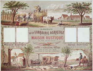 Almanakk som illustrerer tradisjonelle og moderne jordbruksmetoder. ca. 1870-80 av French School