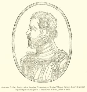 Alonso de Ercilla y Zuniga, forfatter av diktet Araucana (gravering) av French School