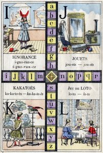 Alfabet og bokstav I J K og L, uvitenhet, leker, kakatoer og lottospill. ABC av småjentene. Epinal avbildning av French School