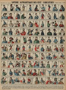 Alfabetisk lotteri på hundre karikaturer (farget gravering) av French School