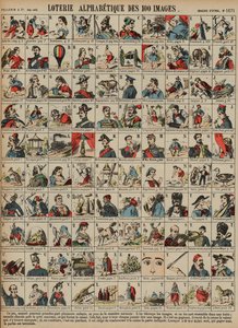 Alfabetisk lotteri på hundre bilder (farget gravering) av French School