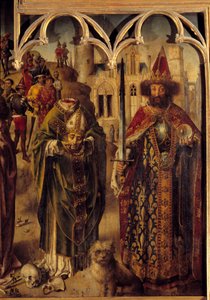 Altertavle av parlamentet i Paris: detalj av den høyre delen som representerer den kristne martyren Saint Denis av Paris (3. århundre) er halshugget og holder hodet i hendene, ved siden av ham keiser Karl den Store (742-814) som en bysantinsk keiser. Hunde av French School