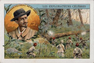 Bakhold i den afrikanske bushen under en ekspedisjon av den franske oppdageren Frenand Fourreau (1850 - 1914). Kromolitografi fra 1800-tallet. av French School
