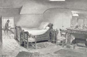Et loftsinteriør til en kunstner i Paris, ca. 1830 (penn og sepia blekk og sepia wc på papir) av French School