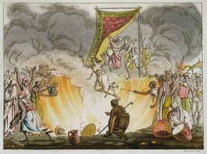 En indisk enke brenner i hjel med ektemannens kropp, plate 30 fra en bok om India, gravert av Gaetano Zancon (1771-1816) av French School