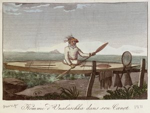 En innbygger på Unalaska Island i sin kano, 1811 av French School