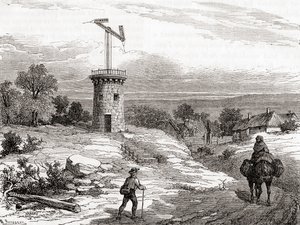 En lufttelegrafpost på 1700-tallet, fra Les Merveilles de la Science, publisert ca. 1870 (gravering) av French School