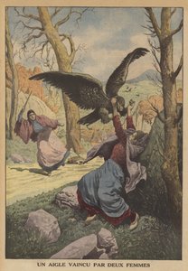 En ørn beseiret av to kvinner (farge litho) av French School