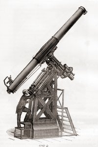 Et ekvatorialteleskop i Paris-observatoriet, Frankrike på 1800-tallet, fra Les Merveilles de la Science, publisert ca. 1870 (gravering) av French School