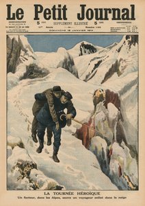 En heroisk runde, et alpint postbud som redder en reisende fast i snøen, illustrasjon på forsiden fra 