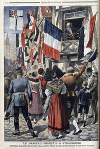 En gammel fransk soldat i tysk-okkuperte Strasbourg har lov til å vise det franske flagget - "Le Petit Journal" 20. september 1908 (gravering) av French School