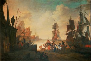 En orientalsk havn … (olje på lerret) av French School