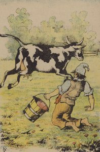 Et mislykket forsøk på å melke en ku (farge litho) av French School