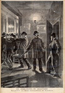 Anarkister i England. Politiet raiderte Autonomy Club i London. Anarkister i England. Politiet ved London Autonomist Club. Illustrasjon for Le petit Journal, 5. mars 1894 av French School