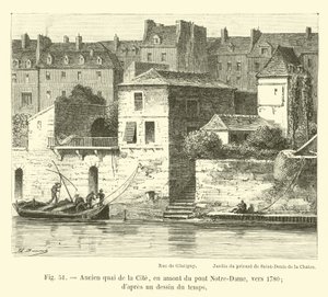 Tidligere quai de la Cite, oppstrøms fra Notre-Dame-broen, rundt 1780; fra en tegning av tiden av French School