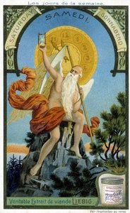 Ancient Divinity holder et timeglass som et symbol på tiden som går for å illustrere lørdag. Liebig kromolitografisk reklamekort. av French School