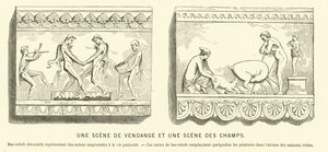 Gamle romerske basrelieffer som viser en druehøst og en scene i åkrene (gravering) av French School
