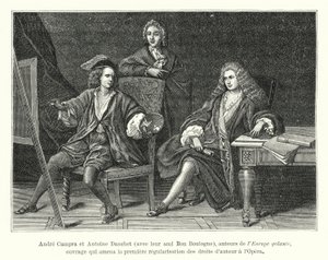 Andre Campra og Antoine Danchet, sammen med vennen Bon Boulogne, forfattere av Europe galante, et verk som førte til den første reguleringen av opphavsretten ved Operaen (gravering) av French School