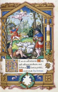 Bebudelse til hyrdene, fra en timebok laget for Francois I, ca. 1532-1540 av French School