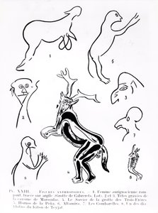 Antropoide figurer i forhistoriske huler, fra Les Artistes Prehistoriques av Morin-Jean, 1933 av French School