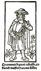 Apokryfisk portrett av poeten Francois Villon i "Det store testamente" - "Cy comence le grant codicille & testamet maistre Francois Villon"" (her begynner den store codicille et testament) utgave P Levet 1489 (tresnitt) av French School