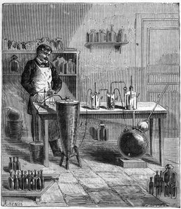 Apparat av Eugene SOUBEIRAN (1797-1858) for tilberedning av natron - Gravering i "" Vitenskaper brakt til alle - Populær fysikk og kjemi"" av Alexis Clerc - Slutten av 1800-tallet - Privat samling av French School