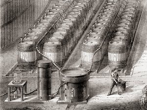 Apparat som brukes til fremstilling av hydrogengassen, ved innvirkning av svovelsyre på jern, når en ballong fylles, fra 'Les Merveilles de la Science', publisert ca. 1870 (lito) av French School
