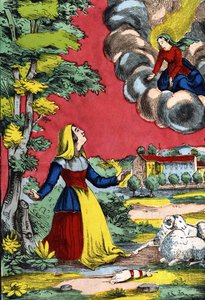 Den hellige jomfrus utseende til den hellige søster Benoite, kjent som Laus hyrdeinne. Bilde av Epinal, første halvdel av 1800-tallet av French School