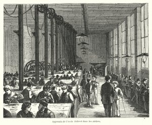 Lærlinger i verkstedene til Ecole Diderot i Paris, Frankrike (gravering) av French School