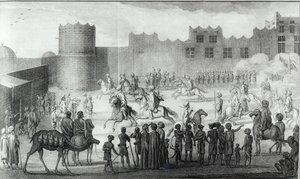 Arab Fighters Exercising in Yemen, fra Description of Arabia sørget for egne observasjoner og meninger samlet på de samme stedene av Carsten Niebuhr, publisert 1774 av French School