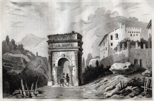 Augustusbuen (Susa) - Augustusbuen (Susa) - Arco di Augusto (Susa) - Gravering fra "" Italy Picturesque" - Historisk og beskrivende maleri av Italia"" av M. de Norvins, Ch. Nodier 1834-1836. av French School