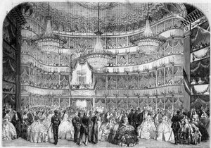 Arkitektur: innvendig utsikt over Det kongelige teater (1800-tallet) i Nice (Alpes Maritimes, 06), i 1858, under veldedighetsballet gitt av Societe francaise d