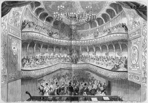 Arkitektur: innvendig utsikt over teatret (1700-tallet) til palasset i Fontainebleau. Gravering i "" Le Monde Illustré"" nr. 61 av 12. juni 1858. av French School