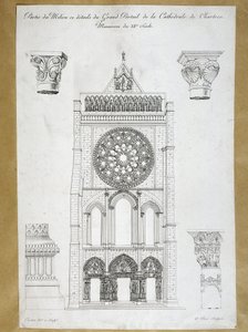 Arkitektur: utsikt over den store portalen til Cathedrale de Chartres - Monument fra 1100-tallet Plate fra 1800-tallet av French School