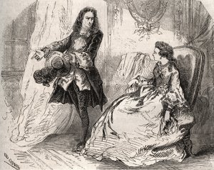 Armande Bejart (1641-1700), kone til Jean Baptiste Poquelin dit Moliere (1622-1673) med sin elsker, greven av Guiche, gravering av 1871 i "Histoire Des Cocus Celebres"" av Henry de Kock (1819-1892). av French School
