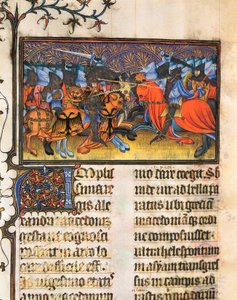 Hærens jagerfly. Miniatyr hentet fra manuskriptet til Francesco Petrarch eller Petrarch (1304-1374) italiensk lærd, poet og humanist, De Viris Illustribus,, 23rv. Universitetsbiblioteket i Valencia. av French School
