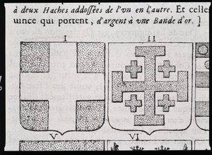Armes de Montmorency et Godefroy de Bouillon - i "" Den vraye og perfekte vitenskapen om våpenskjoldet eller våpenindeksen"" av Pierre Paillot av French School