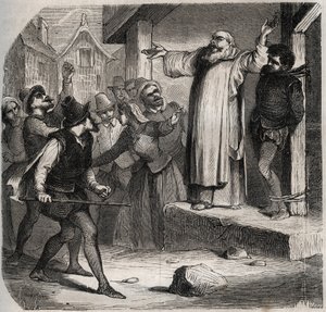 Arnaud du Tilh (Thil) is attached to a gallows and subjected to the insults of the crowd before his execution for usurping the identity of Martin Guerre (circa 1524 around 1560). Engraving from 1871 in “Histoire Des Cocuses Celebres”” by Henry de Kock (181 av French School