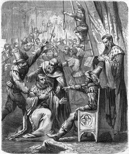 Arrestasjon av Brisson og Larcher, to voldelige leguere fra borgerkrigen på 1500-tallet. I "" Histoire Populaire de la France"", sd. ca 1885. Gravering. av French School