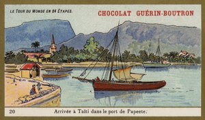 Ankommer havnen i Papeete, Tahiti (chromolitho) av French School