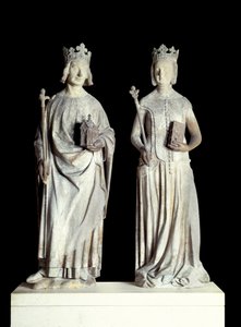 Art France: Statuer av kongen av Frankrike Charles V kjent som Karl den vise (1338-1380) og dronning av Frankrike Jeanne de Bourbon (1337-1378). Skulptur i kalkstein fra 1300-tallet. Sannsynligvis fra fasaden til den østlige inngangen til Louvre (dekor av French School