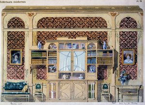 Art nouveau-stilbibliotek, illustrasjon fra magasinet Interieurs Modernes (Modern Interiors) av French School