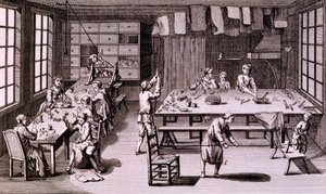 Artificial Flower Shop, illustrasjon fra Encyclopaedia or a Systematic Dictionary of the Sciences, Arts and Crafts av Denis Diderot, utgitt 1765 av French School